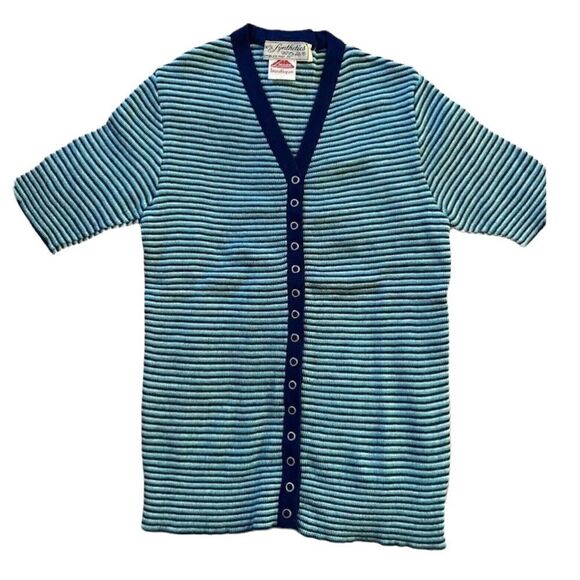 Vintage Blue and Green Striped Stretchy short sleeve snap button Top - Picture 5 of 5